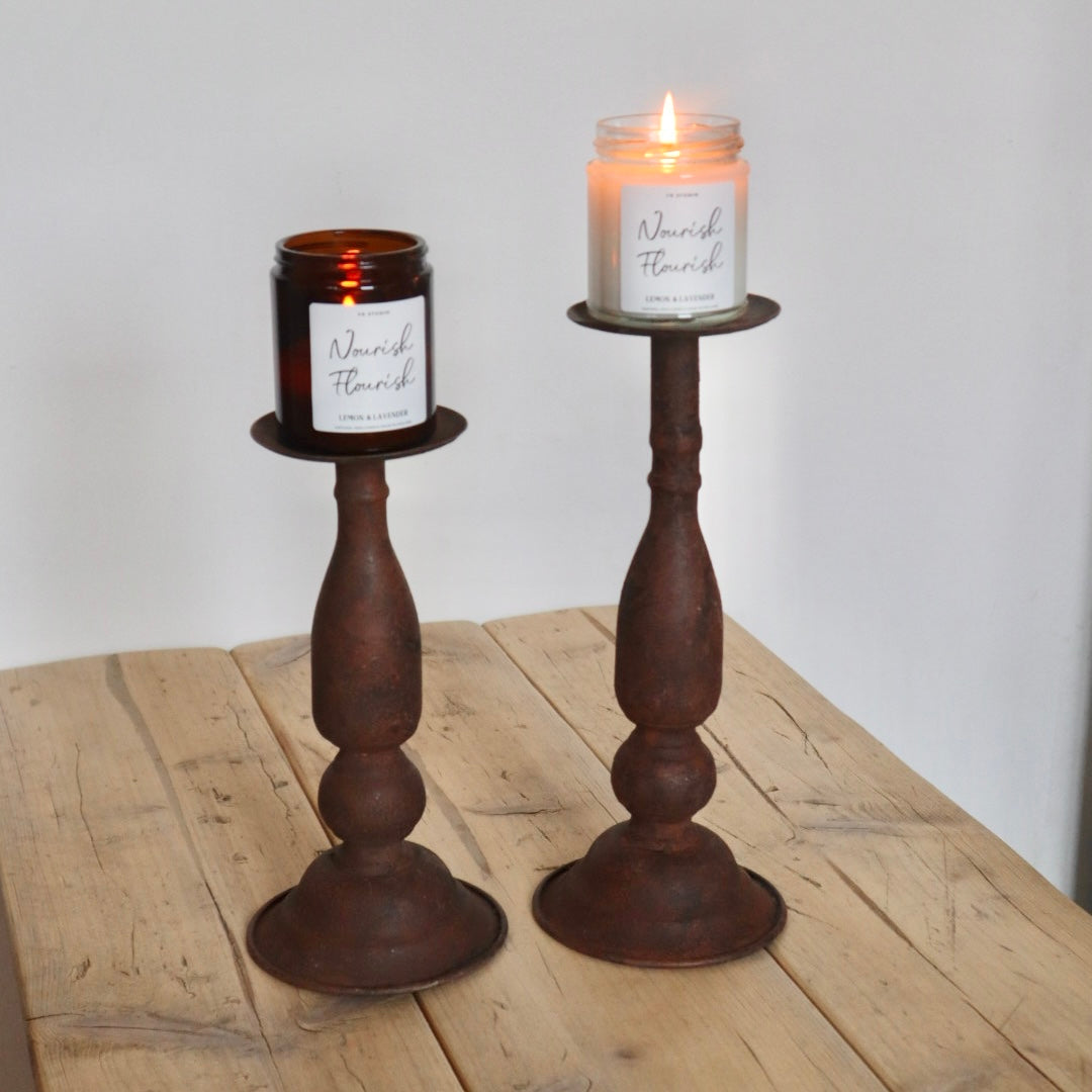 Set of 2 Rustic Vintage Pillar Candle Holders – Country Cottage Décor