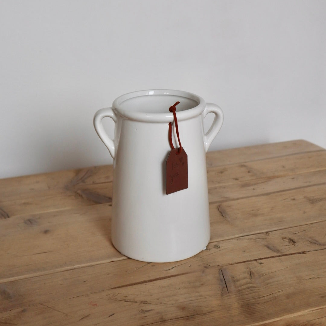 Classic White Ceramic Vase with Leather Tag and Handles
