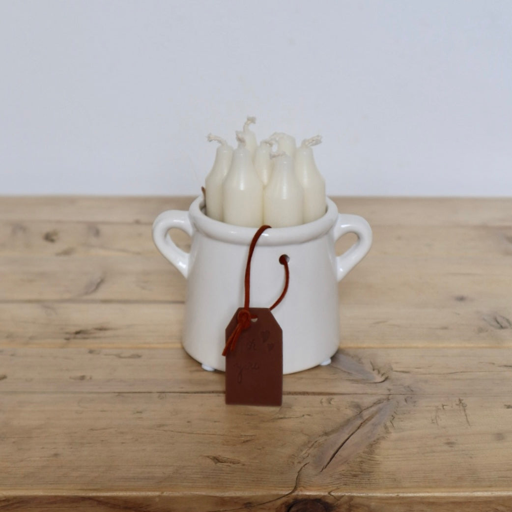 Rustic White Mini Pot with Leather Tag and Handles