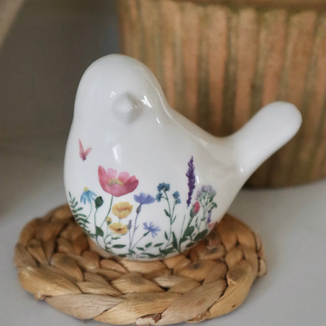Floral White Ceramic Bird