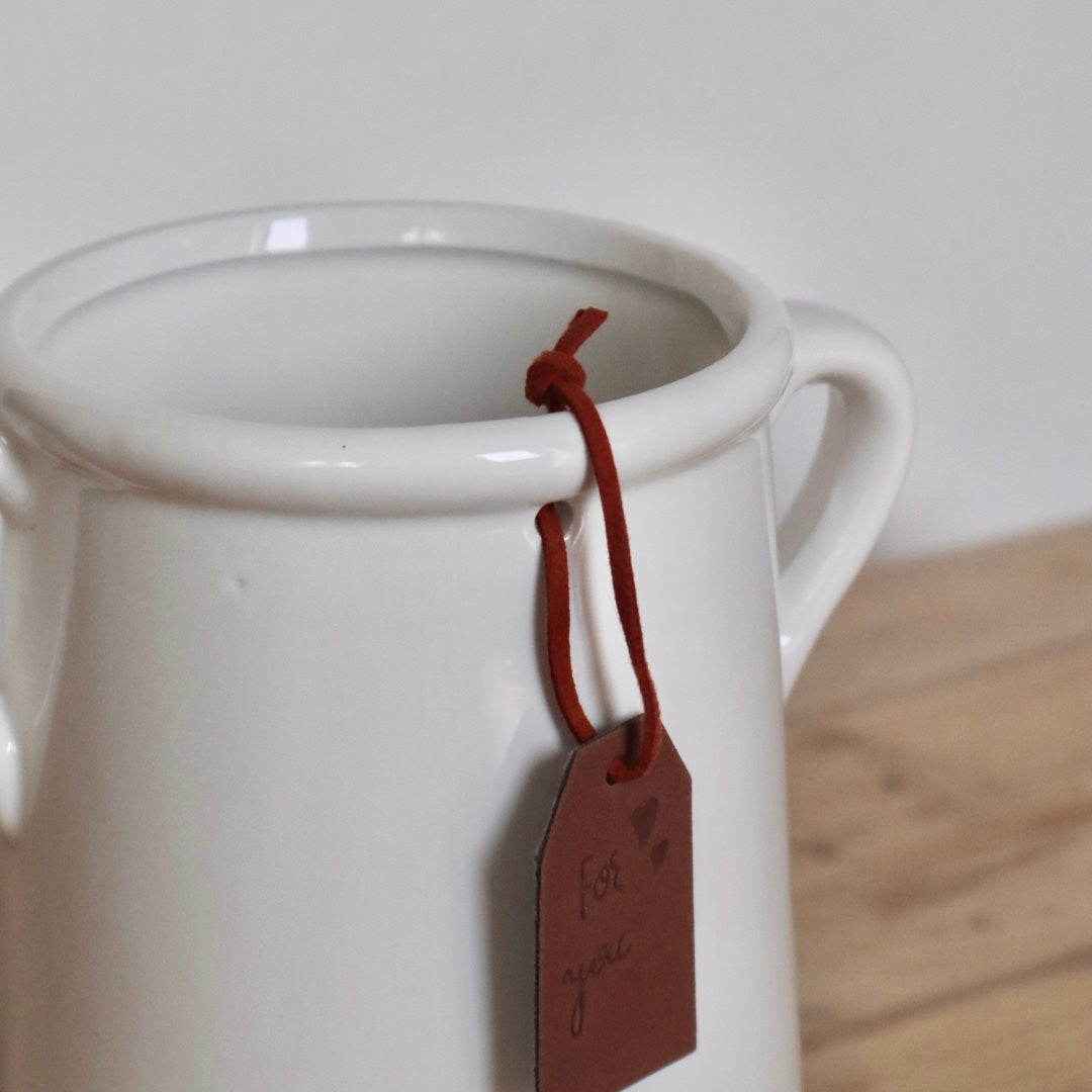 Classic White Ceramic Vase with Leather Tag and Handles