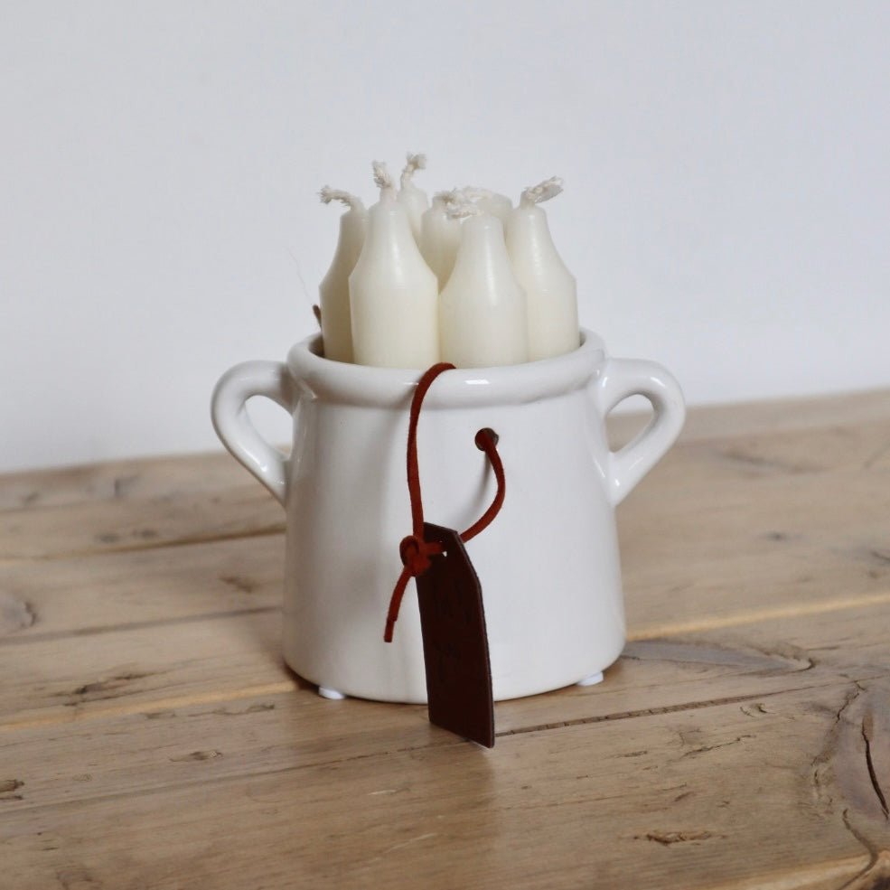 Rustic White Mini Pot with Leather Tag and Handles