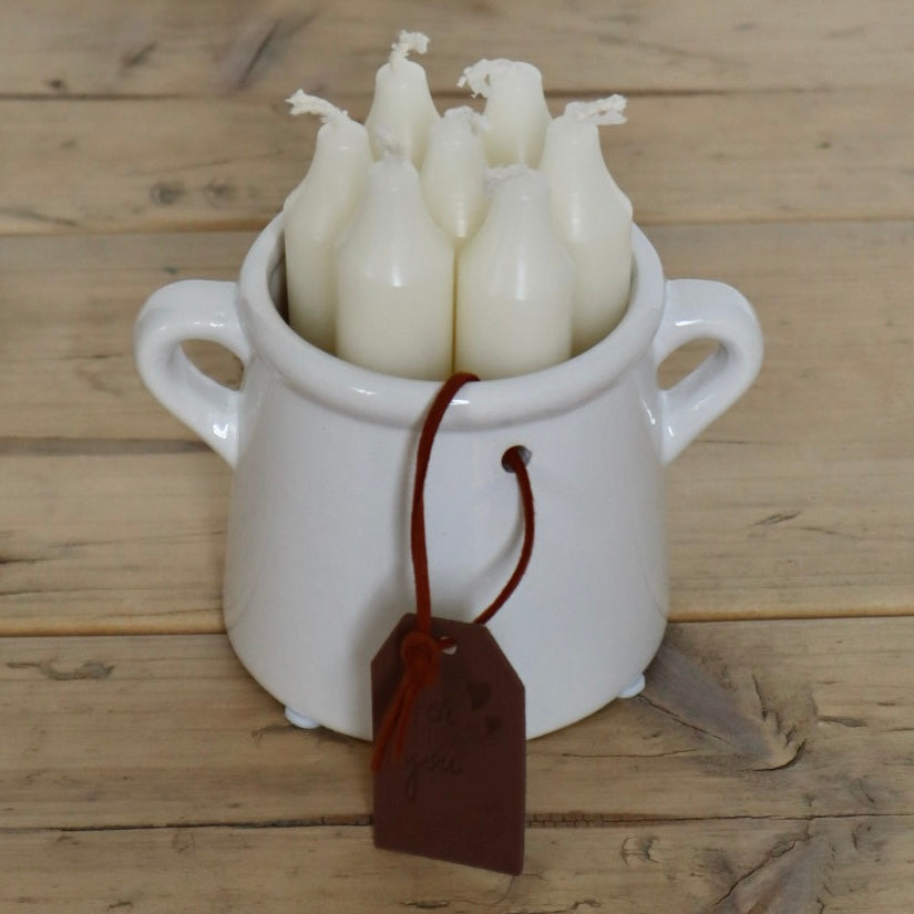 Rustic White Mini Pot with Leather Tag and Handles