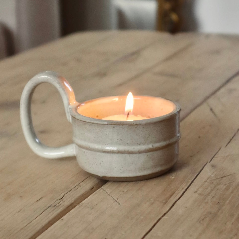 Milk White Stoneware Tea Light Holder with Handle - English Country Decor