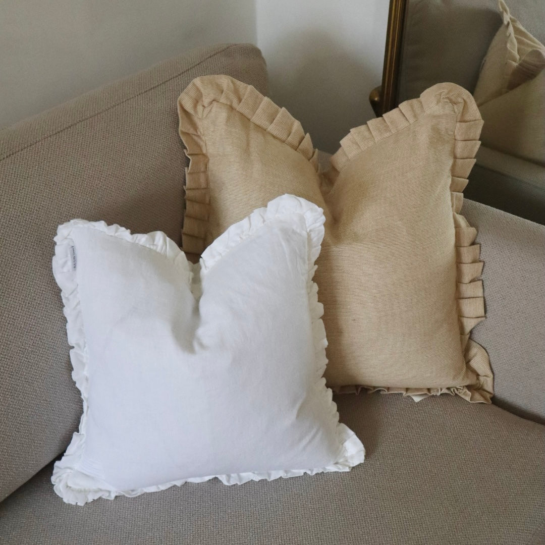 White Linen, feather Filled Cushion with Ruffled Edges – Classic English Country Style Décor