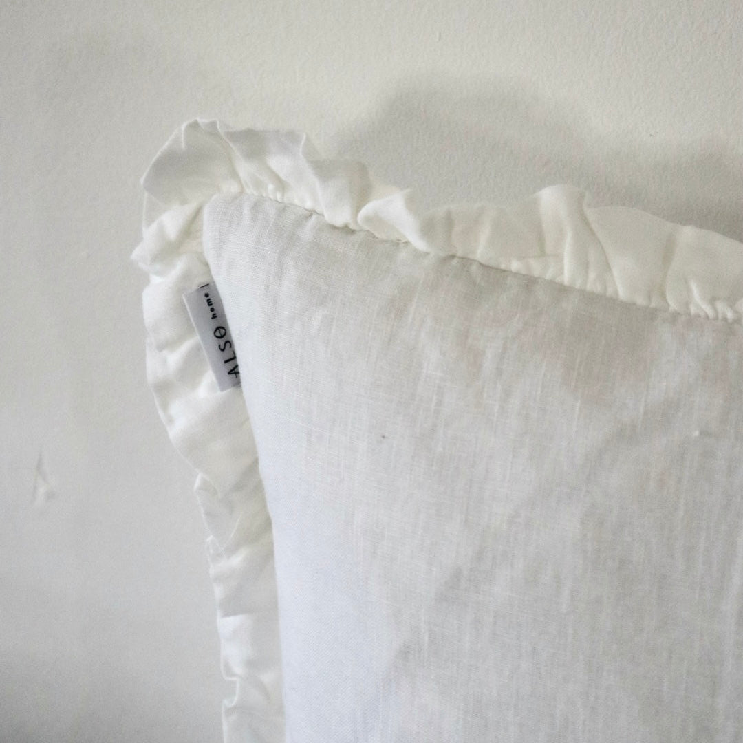 White Linen, feather Filled Cushion with Ruffled Edges – Classic English Country Style Décor