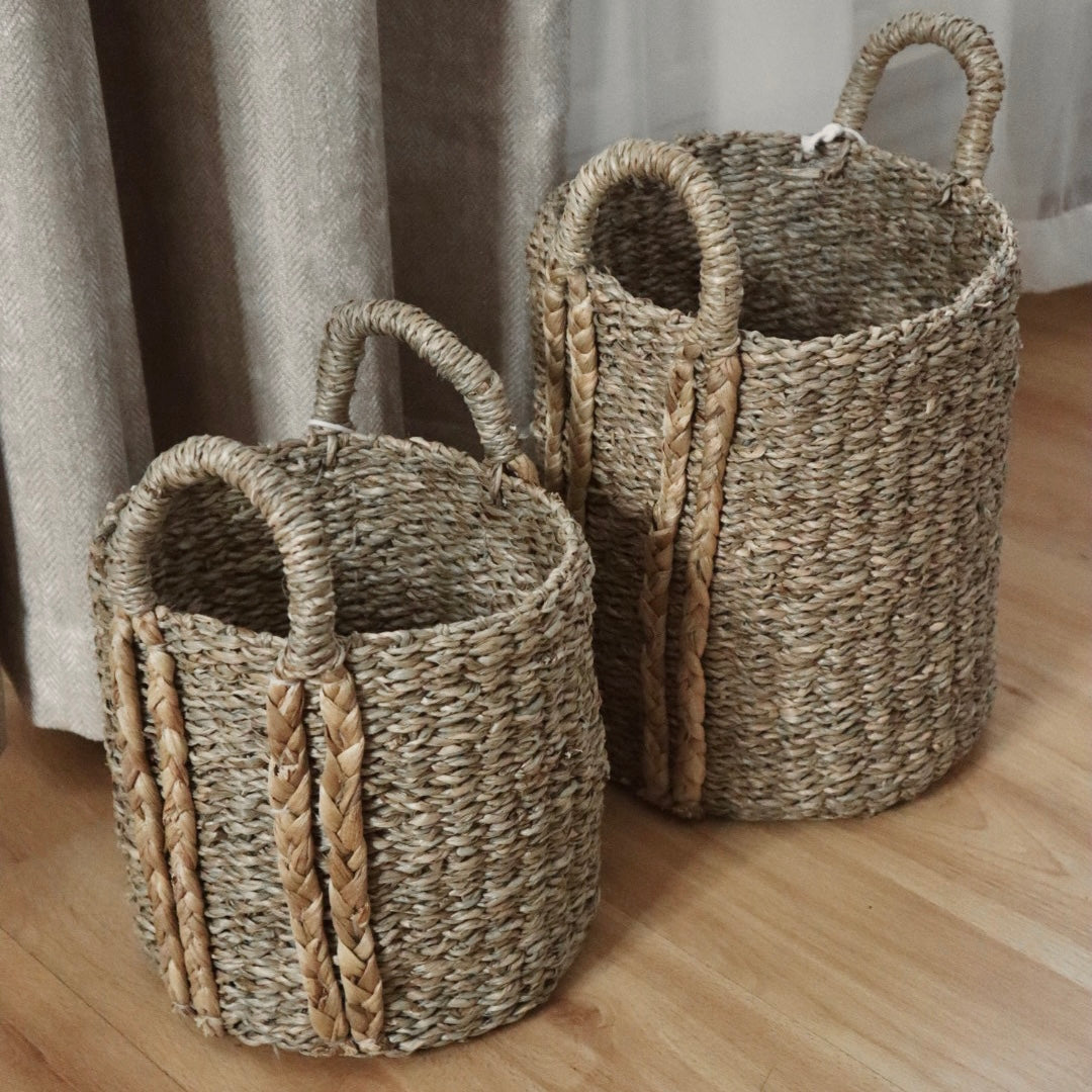 Handwoven Seagrass Storage Baskets with Plaited Handles - Natural Home Decor in 2 Sizes
