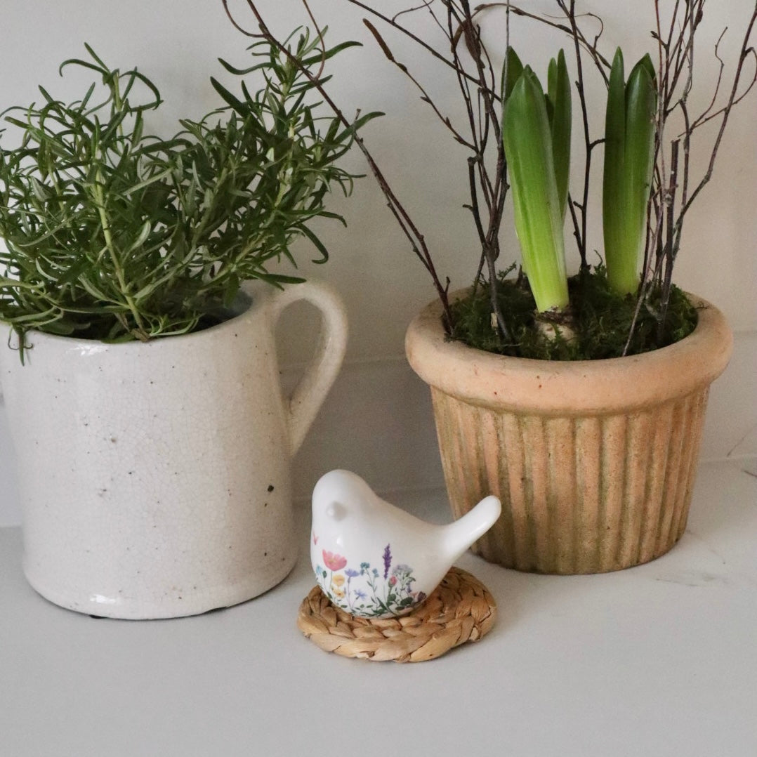 Floral White Ceramic Bird