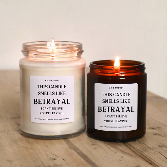 "Smells like Betrayal" Candle: Funny Leaving Gift for Work Colleague