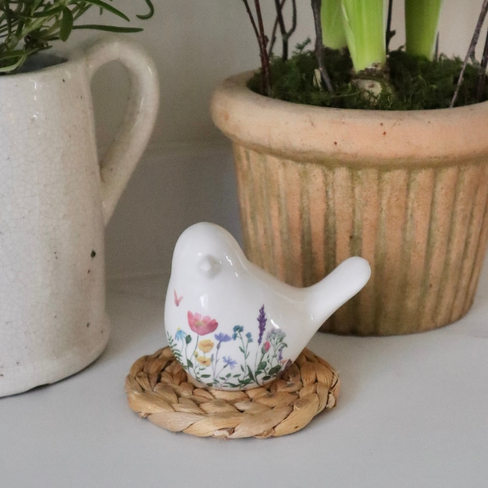 Floral White Ceramic Bird