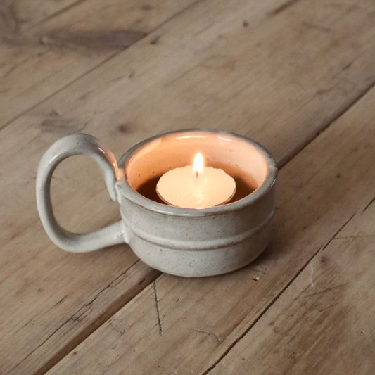 Milk White Stoneware tea Light Holder with Handle - English Country Decor