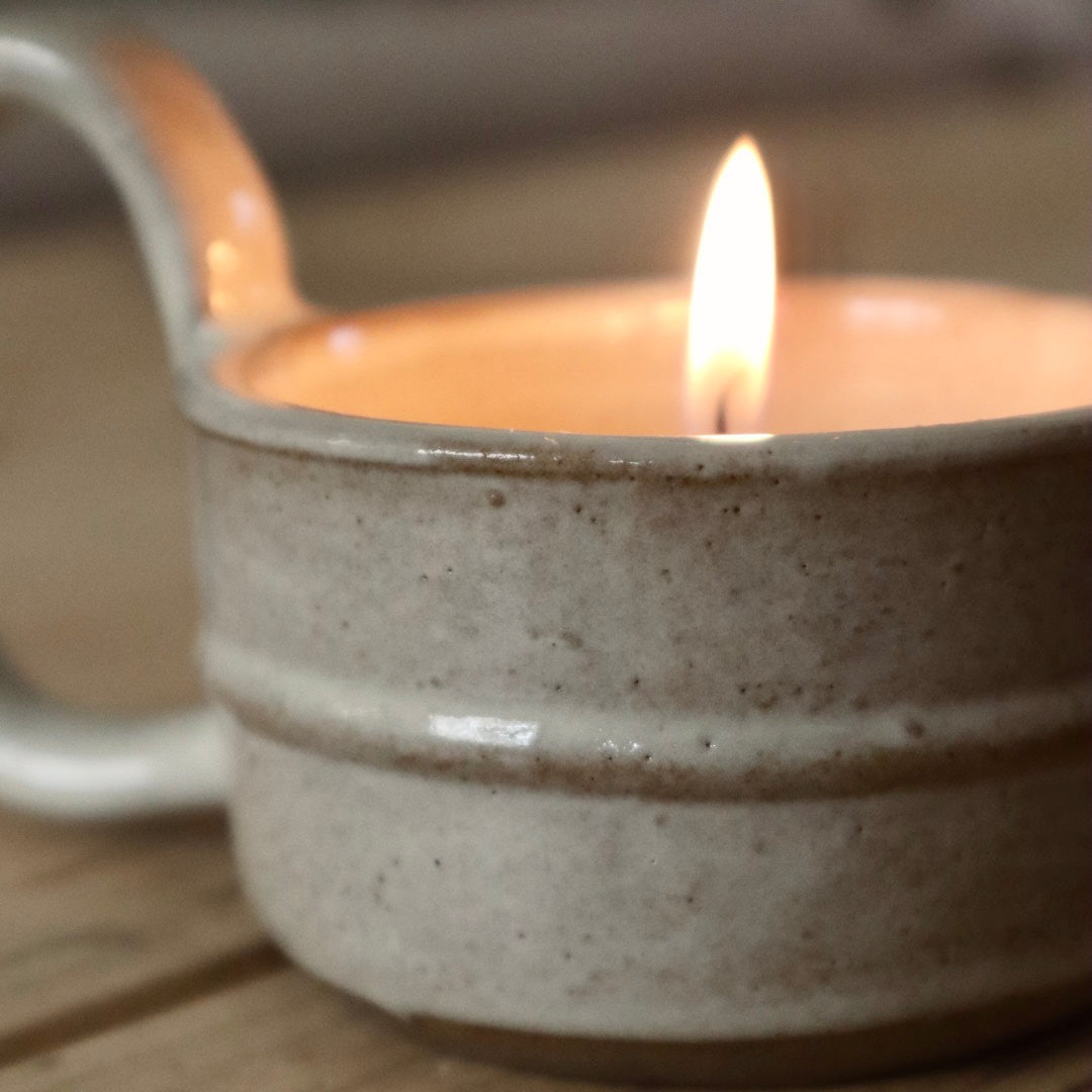 Neutral Stoneware Tea Light Holder with Handle - English Country Decor