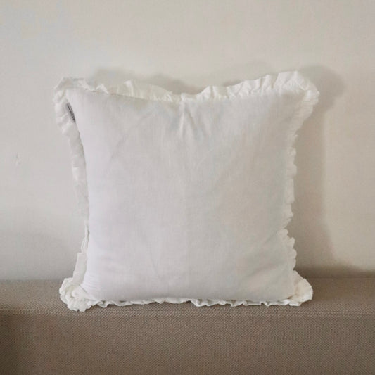 White Linen, feather Filled Cushion with Ruffled Edges – Classic English Country Style Décor