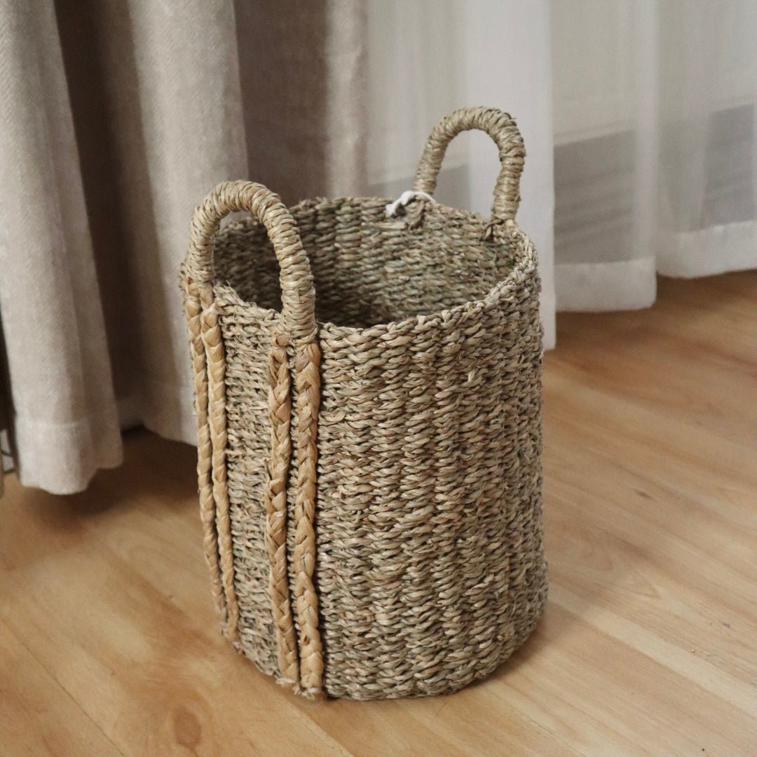 Handwoven Seagrass Storage Baskets with Plaited Handles - Natural Home Decor in 2 Sizes