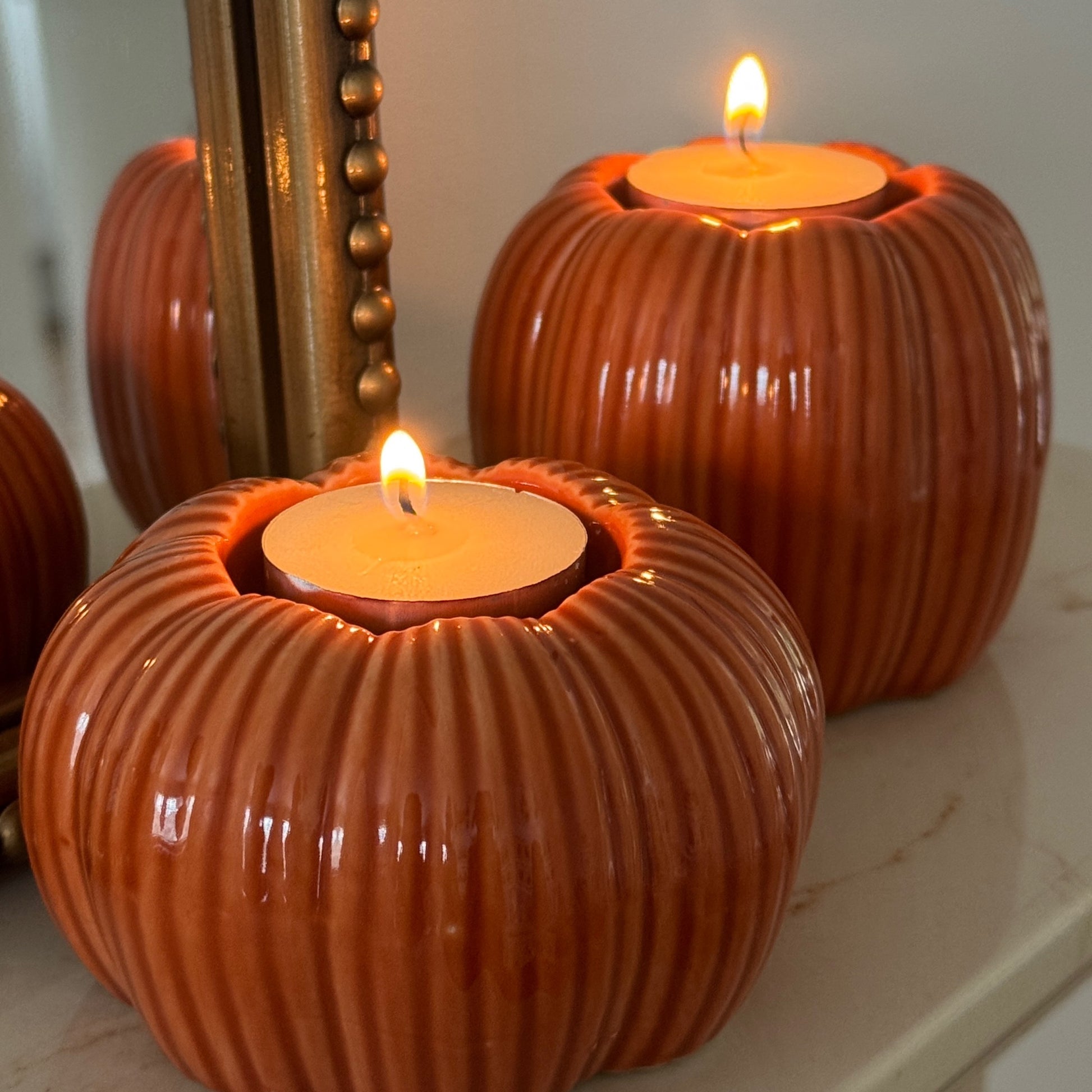 Orange Pumpkins Candle Holders Duo