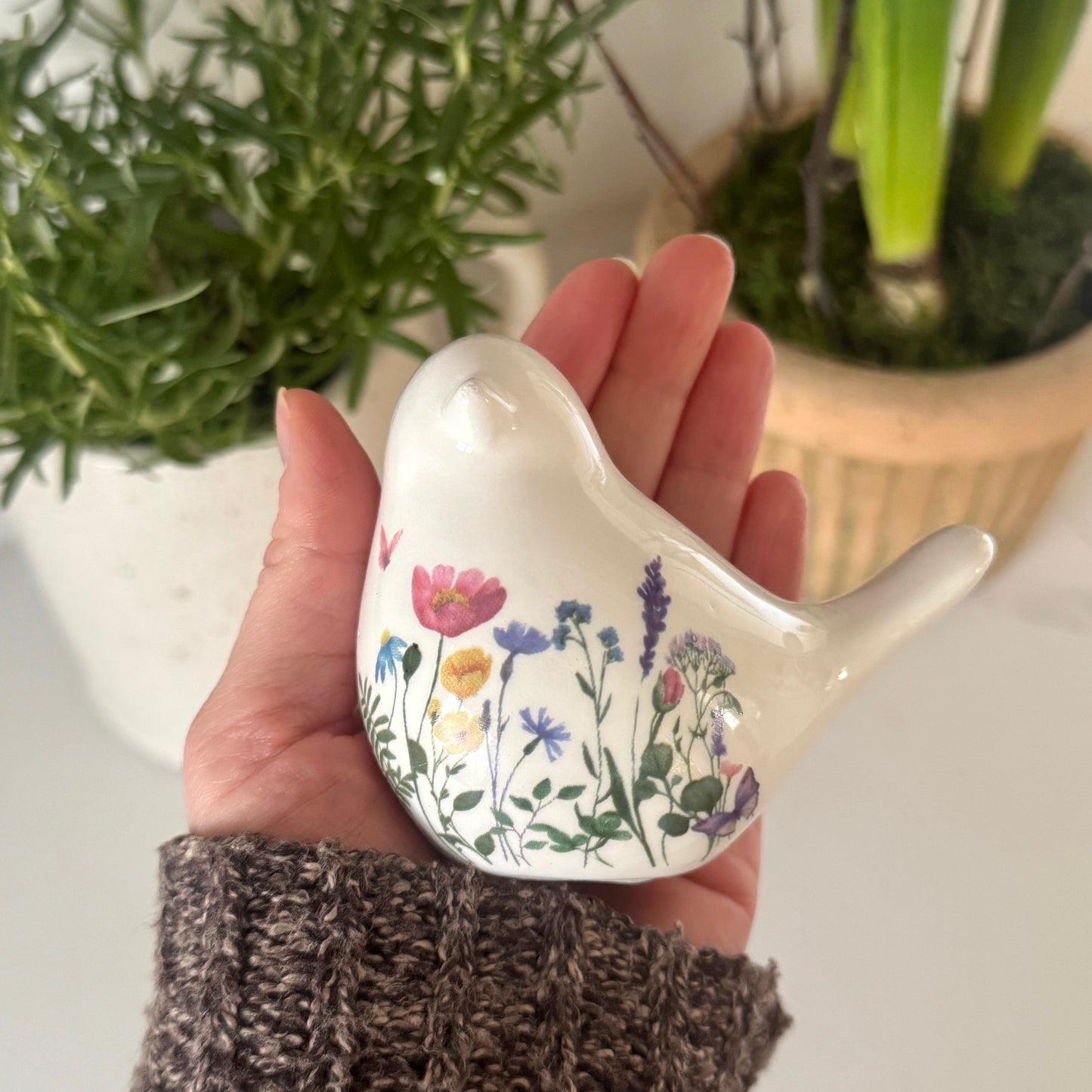 Floral White Ceramic Bird